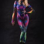 Galaxy Explorer costume for women, featuring a full-body cosmic design with galaxy patterns, perfect for Halloween, cosplay, or festival events.