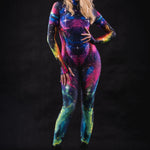 Galaxy Explorer costume for women, featuring a full-body cosmic design with galaxy patterns, perfect for Halloween, cosplay, or festival events.