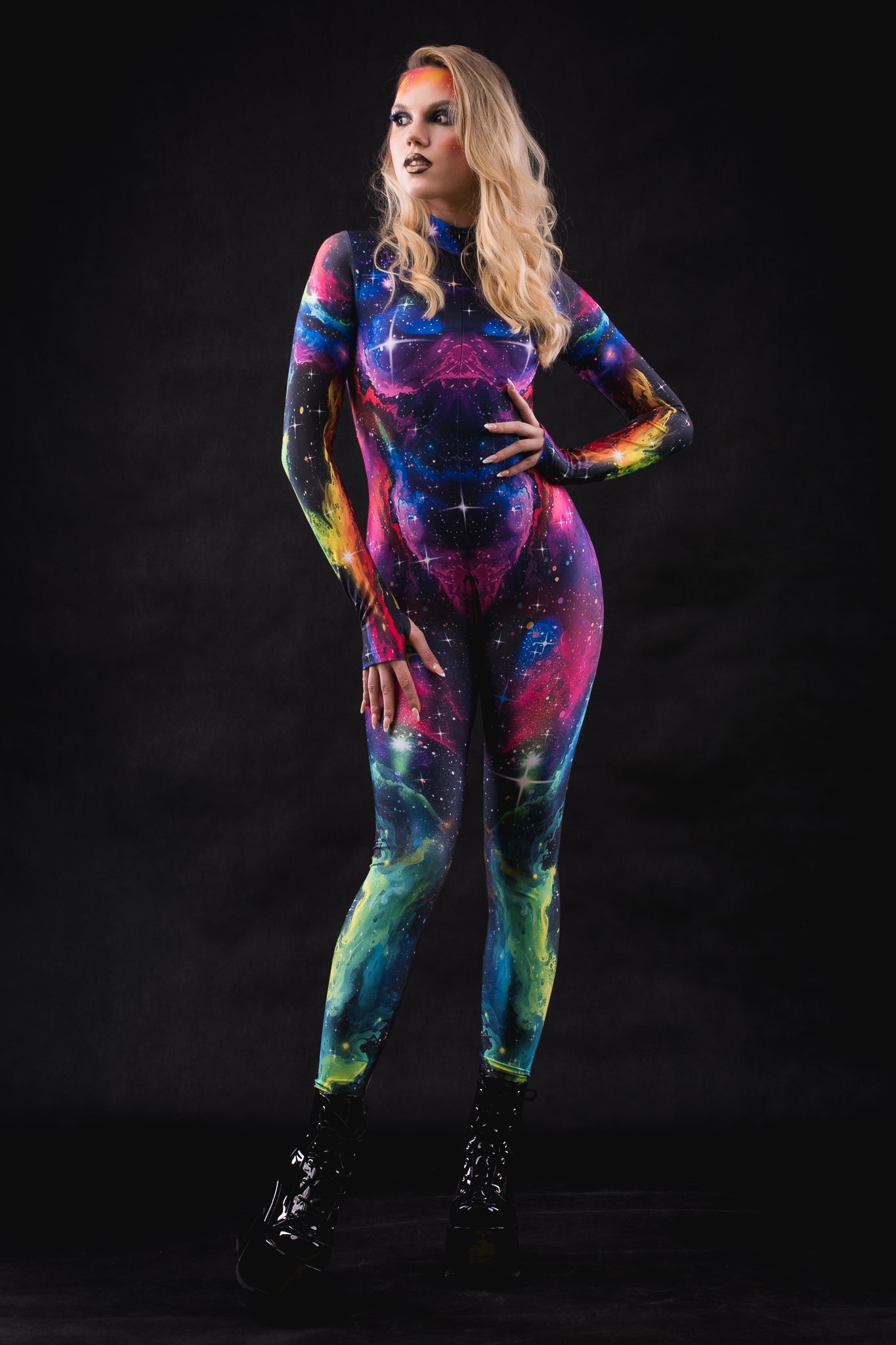 Galaxy Explorer costume for women, featuring a full-body cosmic design with galaxy patterns, perfect for Halloween, cosplay, or festival events.