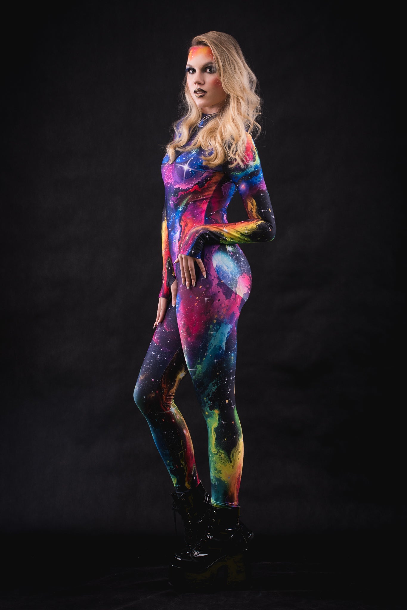 Galaxy Explorer costume for women, featuring a full-body cosmic design with galaxy patterns, perfect for Halloween, cosplay, or festival events.