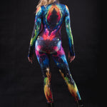 Woman wearing the Galaxy Explorer costume, a full-body suit with vibrant galaxy patterns, perfect for Halloween parties or space-themed festivals.