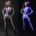 Woman wearing the Pink Doodle Skeleton UV Reactive costume, a full-body suit with vibrant pink skeleton details, perfect for Halloween or festival parties.