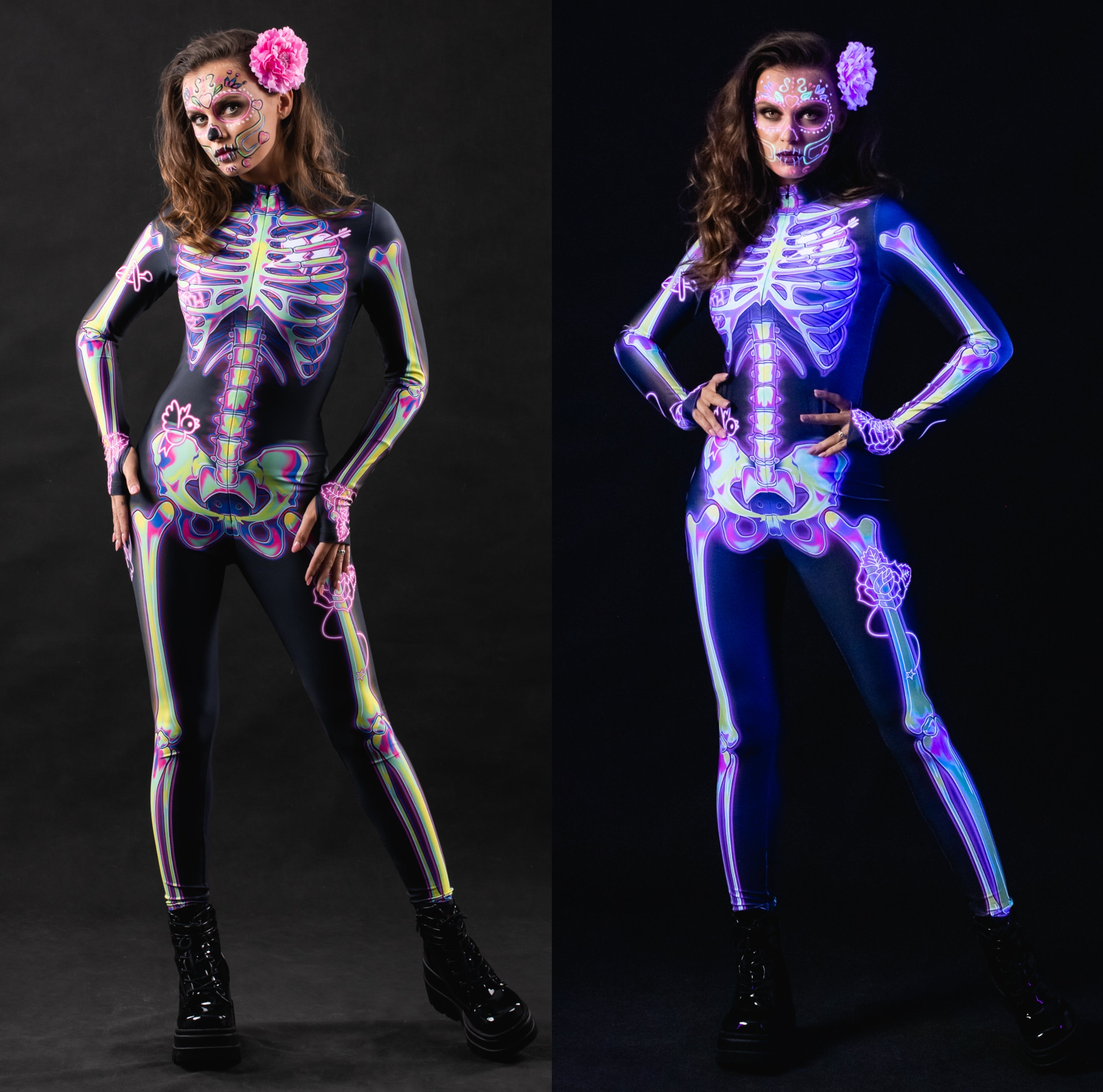 Woman wearing the Pink Doodle Skeleton UV Reactive costume, a full-body suit with vibrant pink skeleton details, perfect for Halloween or festival parties.