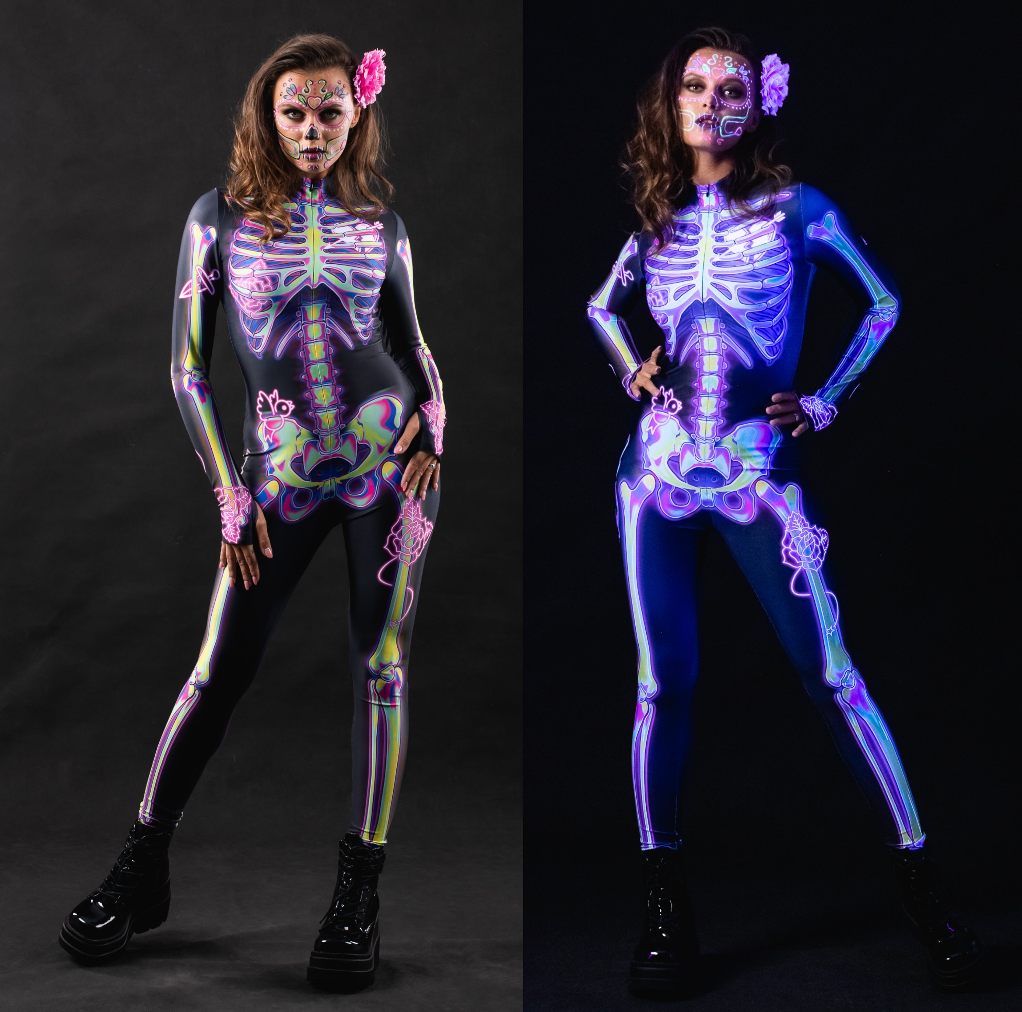 Woman posing in the Pink Doodle Skeleton UV Reactive Halloween costume, showcasing the bright pink skeleton design that glows under UV light, great for Halloween, raves, or as a standout festival outfit.