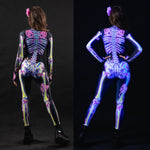 Close-up of the UV-reactive pink skeleton doodle design on the Halloween costume, glowing under UV light for a unique and bold look.