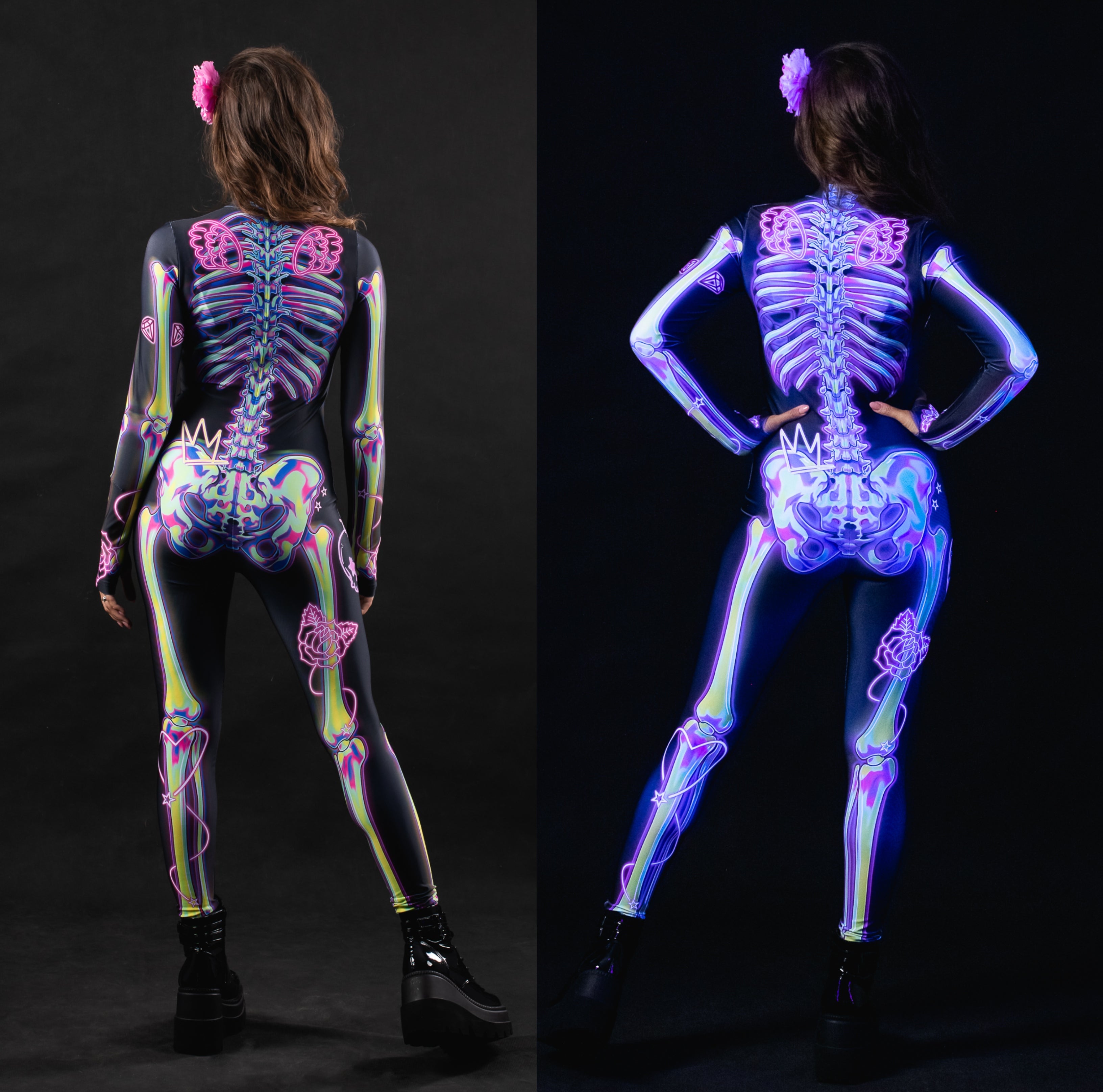 Close-up of the UV-reactive pink skeleton doodle design on the Halloween costume, glowing under UV light for a unique and bold look.