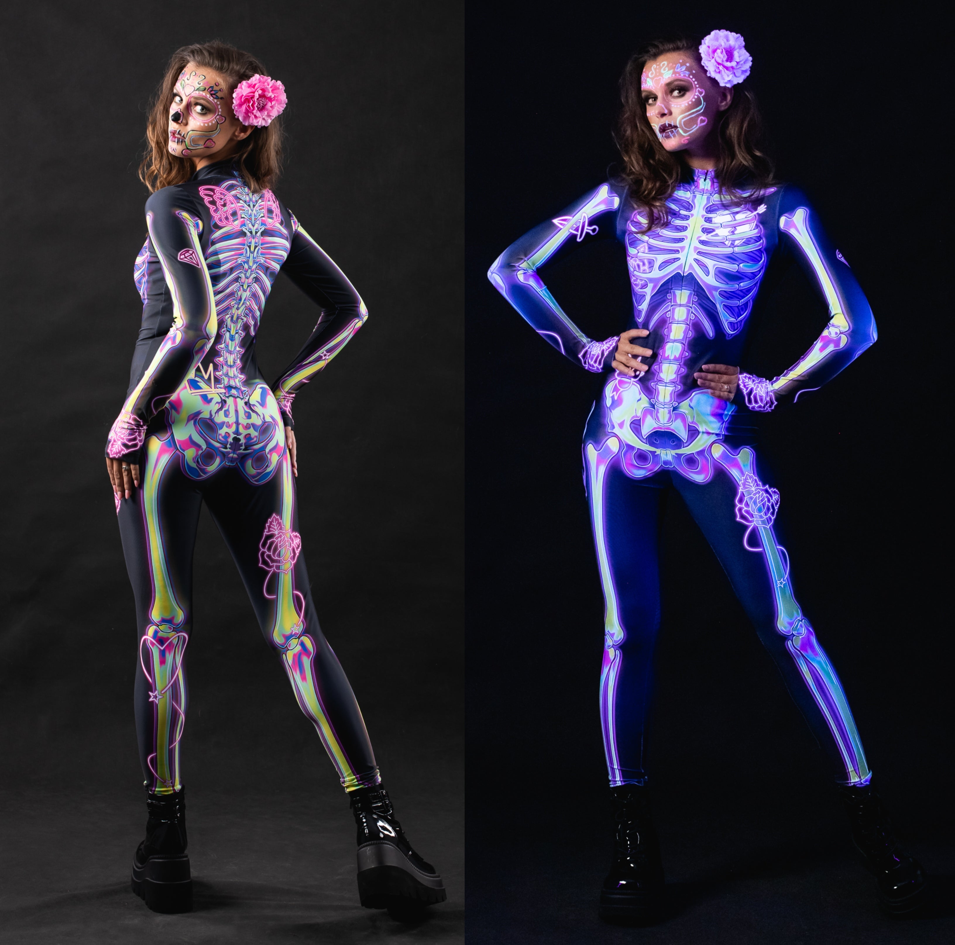 Close-up of the UV-reactive pink skeleton doodle design on the Halloween costume, glowing under UV light for a unique and bold look.