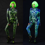 Woman wearing the Green Neon Spiderweb UV Reactive costume, a full-body suit with bright green spiderweb accents, perfect for Halloween parties or festivals.