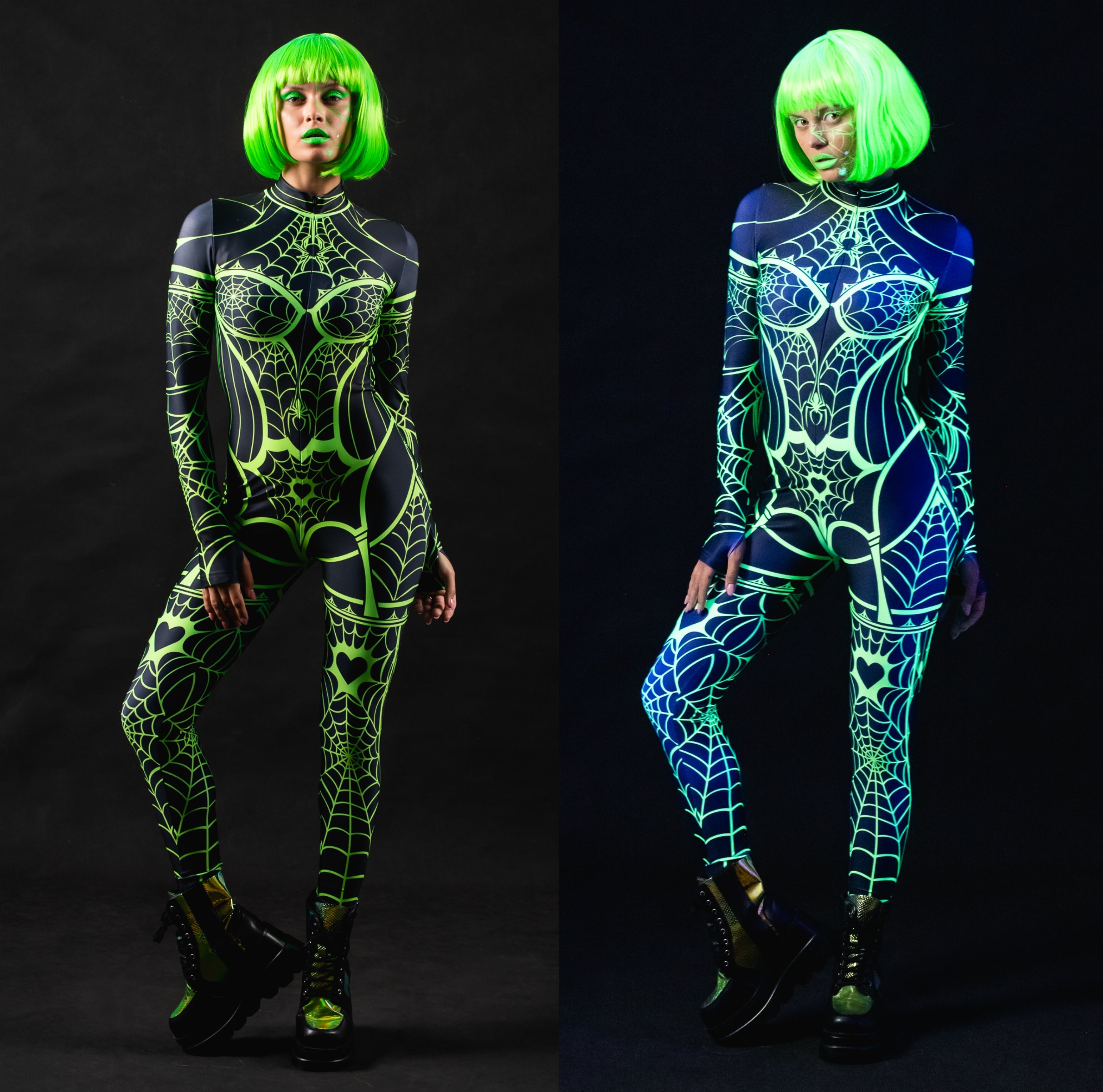 Woman wearing the Green Neon Spiderweb UV Reactive costume, a full-body suit with bright green spiderweb accents, perfect for Halloween parties or festivals.