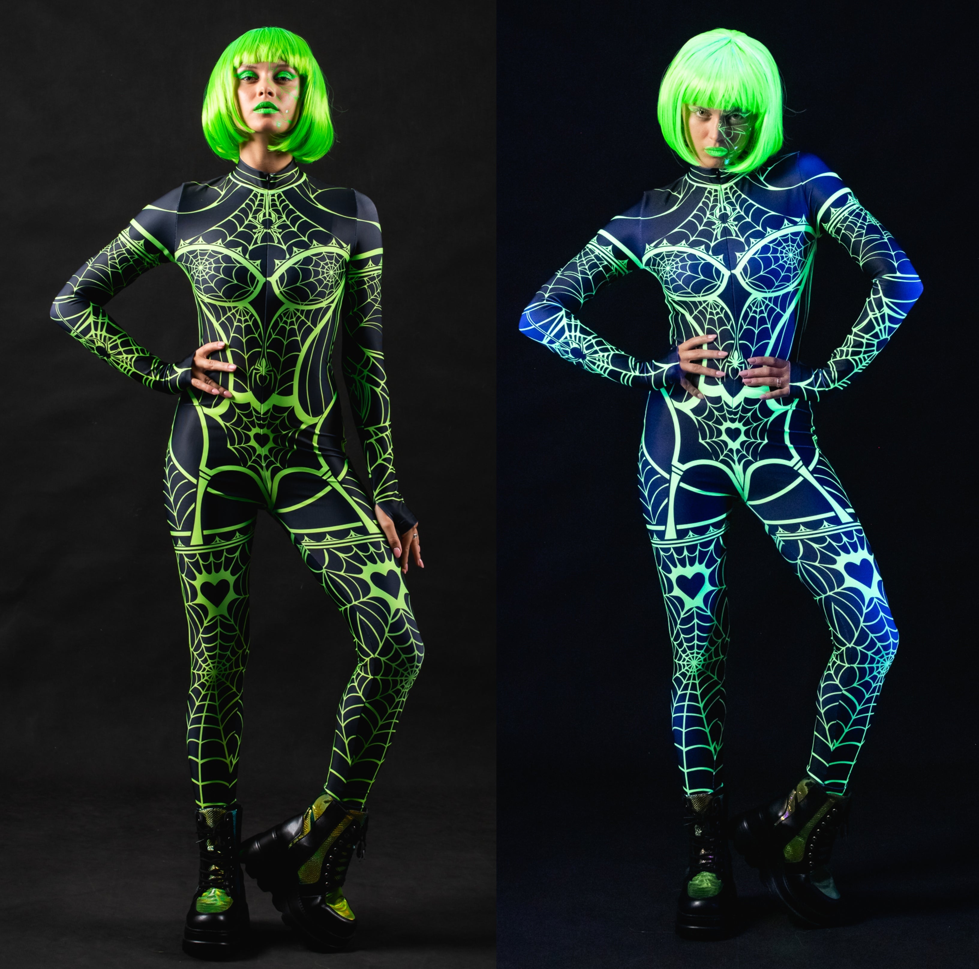 Woman posing in the Green Neon Spiderweb UV Reactive costume, showcasing the glowing green spiderweb pattern under UV light, ideal for Halloween or as a rave outfit.