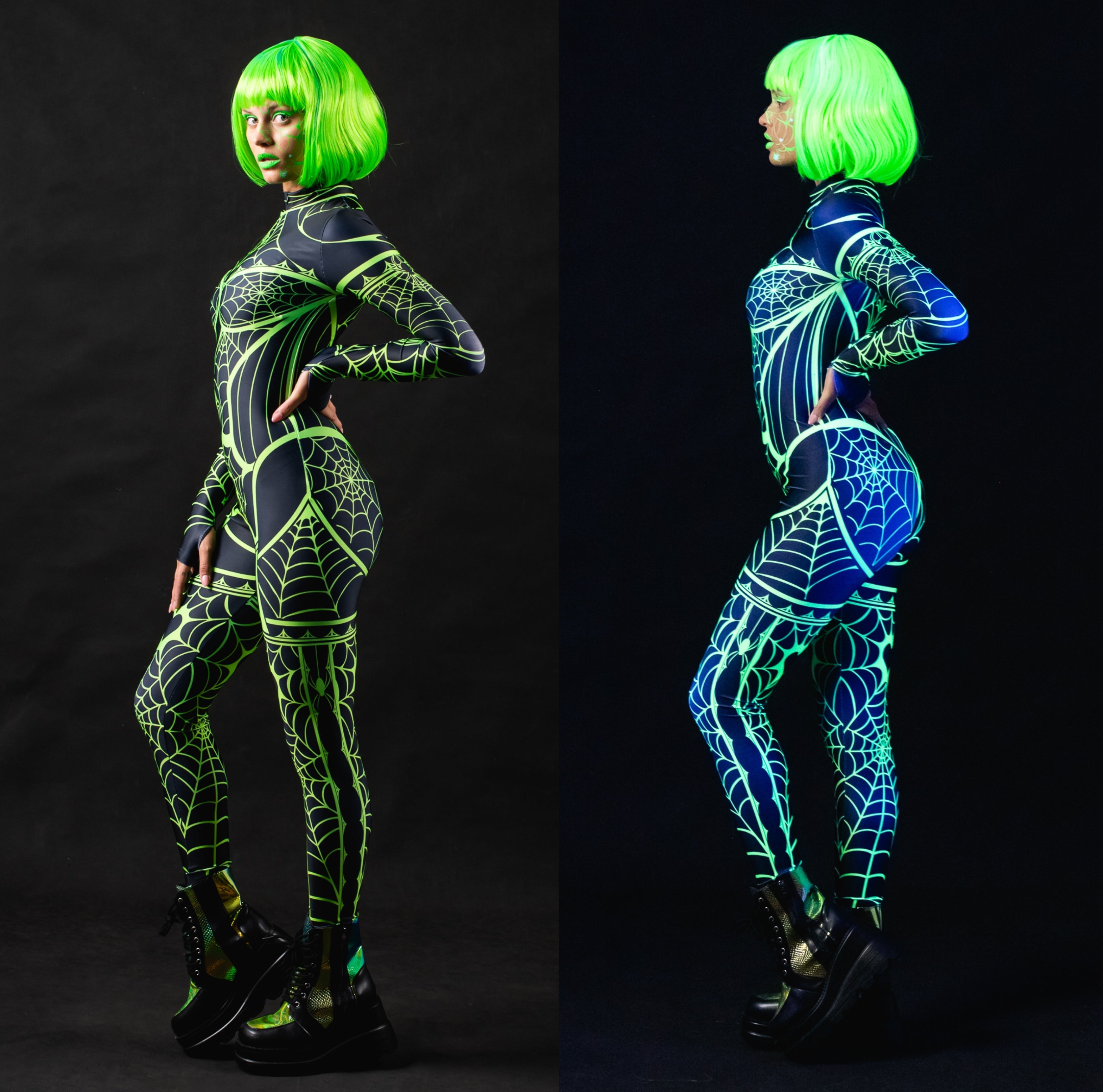 Woman posing in the Green Neon Spiderweb UV Reactive costume, showcasing the glowing green spiderweb pattern under UV light, ideal for Halloween or as a rave outfit.