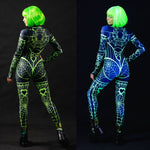 Close-up of the UV-reactive neon green spiderweb design on the costume, adding a bold, glowing effect under UV lighting.