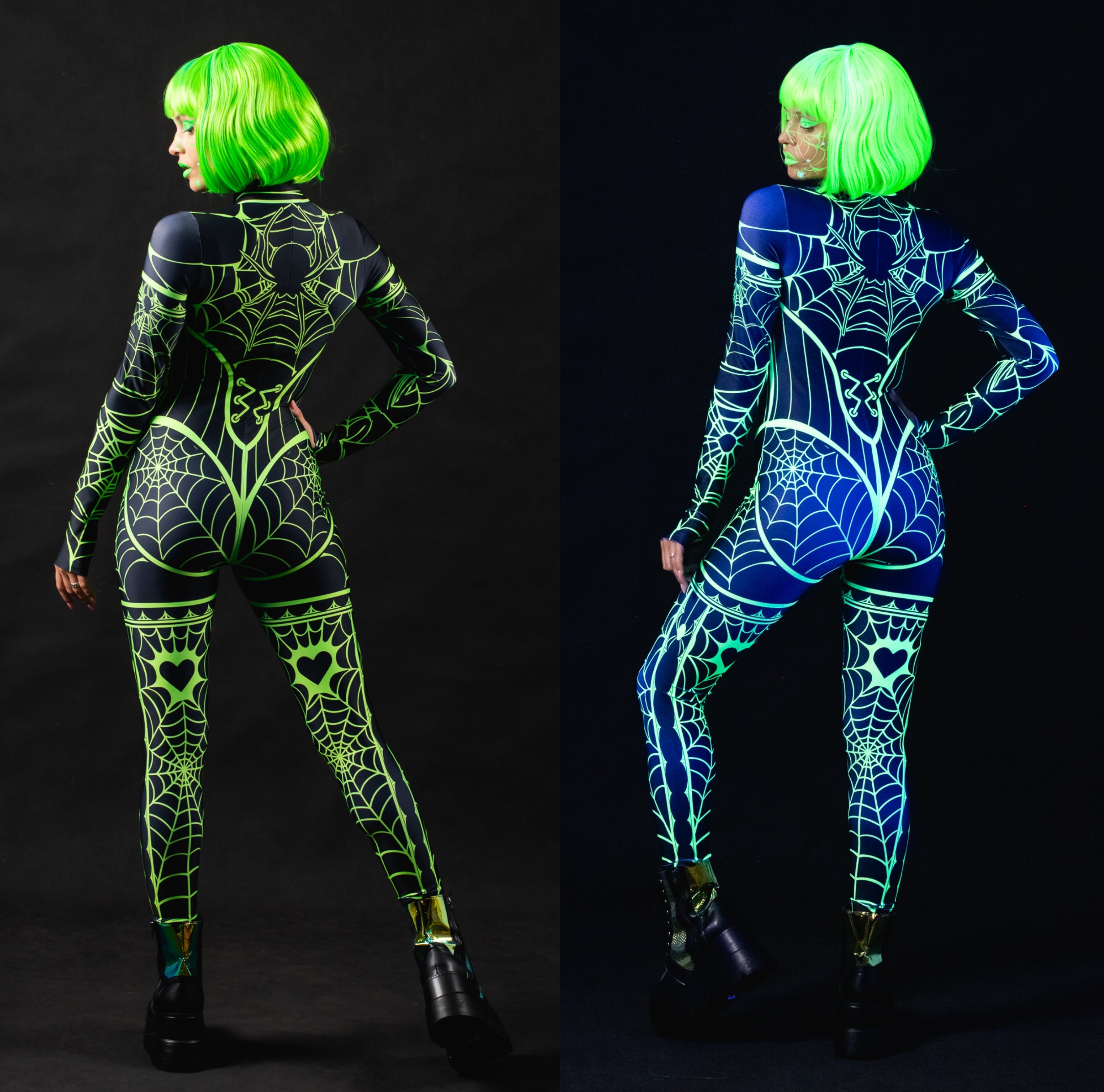 Close-up of the UV-reactive neon green spiderweb design on the costume, adding a bold, glowing effect under UV lighting.