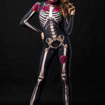 Women wearing a skeleton bodysuit with red rose accents and matching floral cloak, styled for Halloween. The outfit is inspired by Day of the Dead with intricate sugar skull face makeup and a crown of red roses.