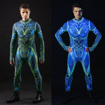 Man wearing the Neon Cosmic Outline UV Reactive costume, a full-body suit with vibrant cosmic neon outlines, ideal for Halloween parties or festival events.