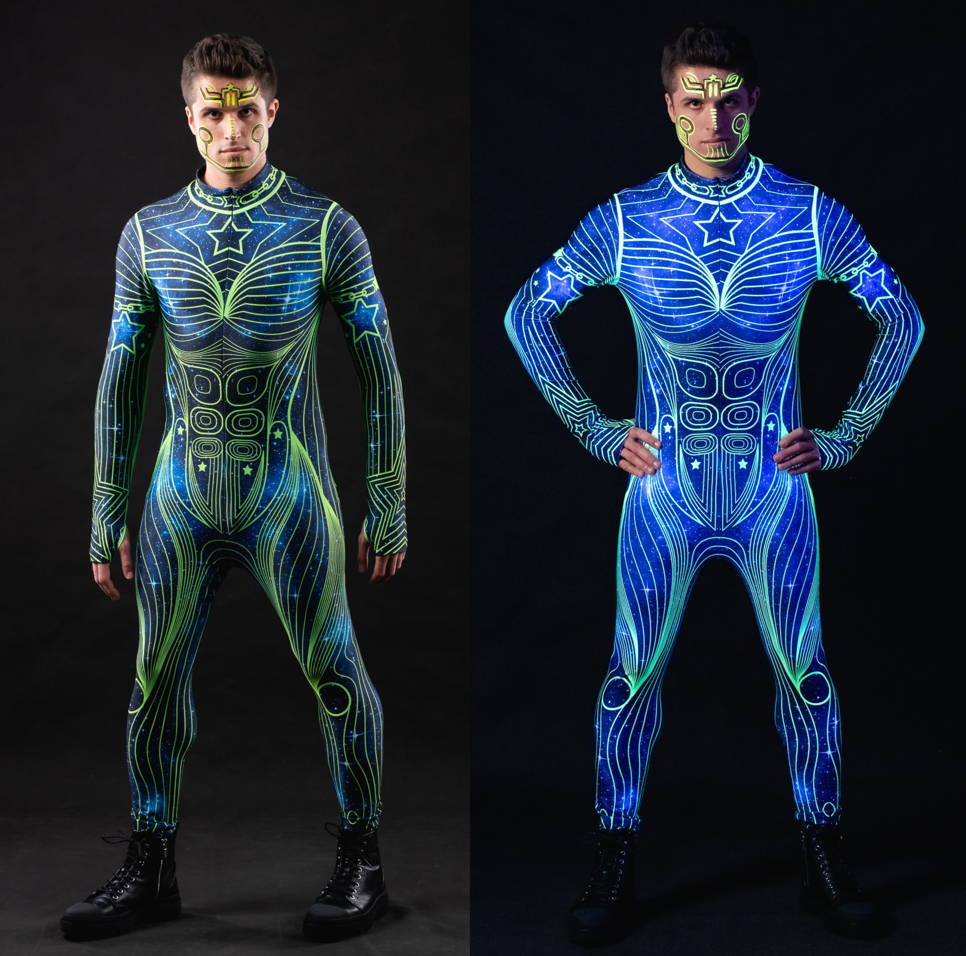 Man wearing the Neon Cosmic Outline UV Reactive costume, a full-body suit with vibrant cosmic neon outlines, ideal for Halloween parties or festival events.