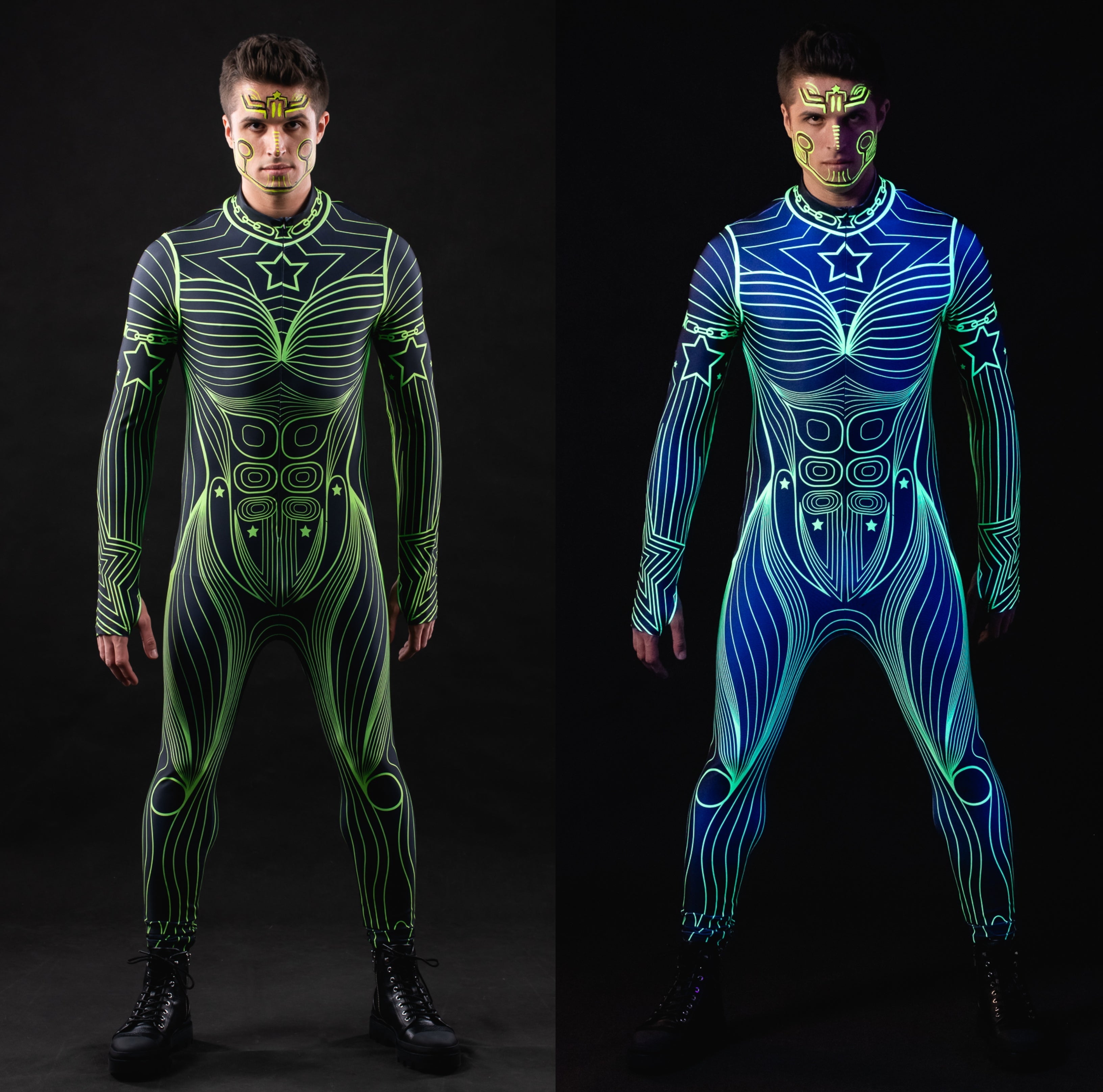 Man wearing the Neon Outline UV Reactive costume, a vibrant suit with UV glow accents, perfect for festivals or Halloween parties.