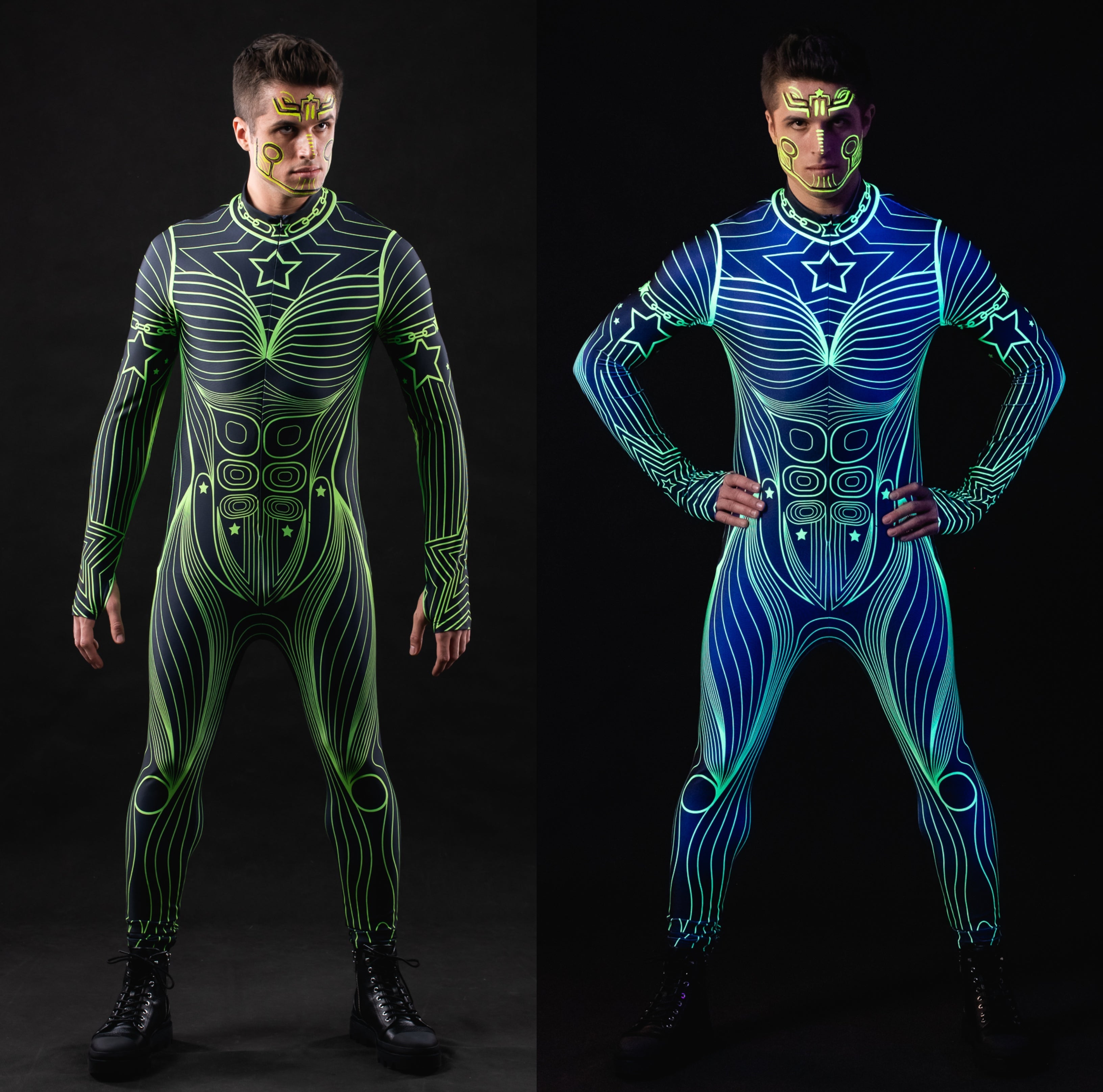 Man posing in the Neon Outline UV Reactive costume, highlighting the glowing neon outline effect under UV light, ideal for raves, festivals, or Halloween.