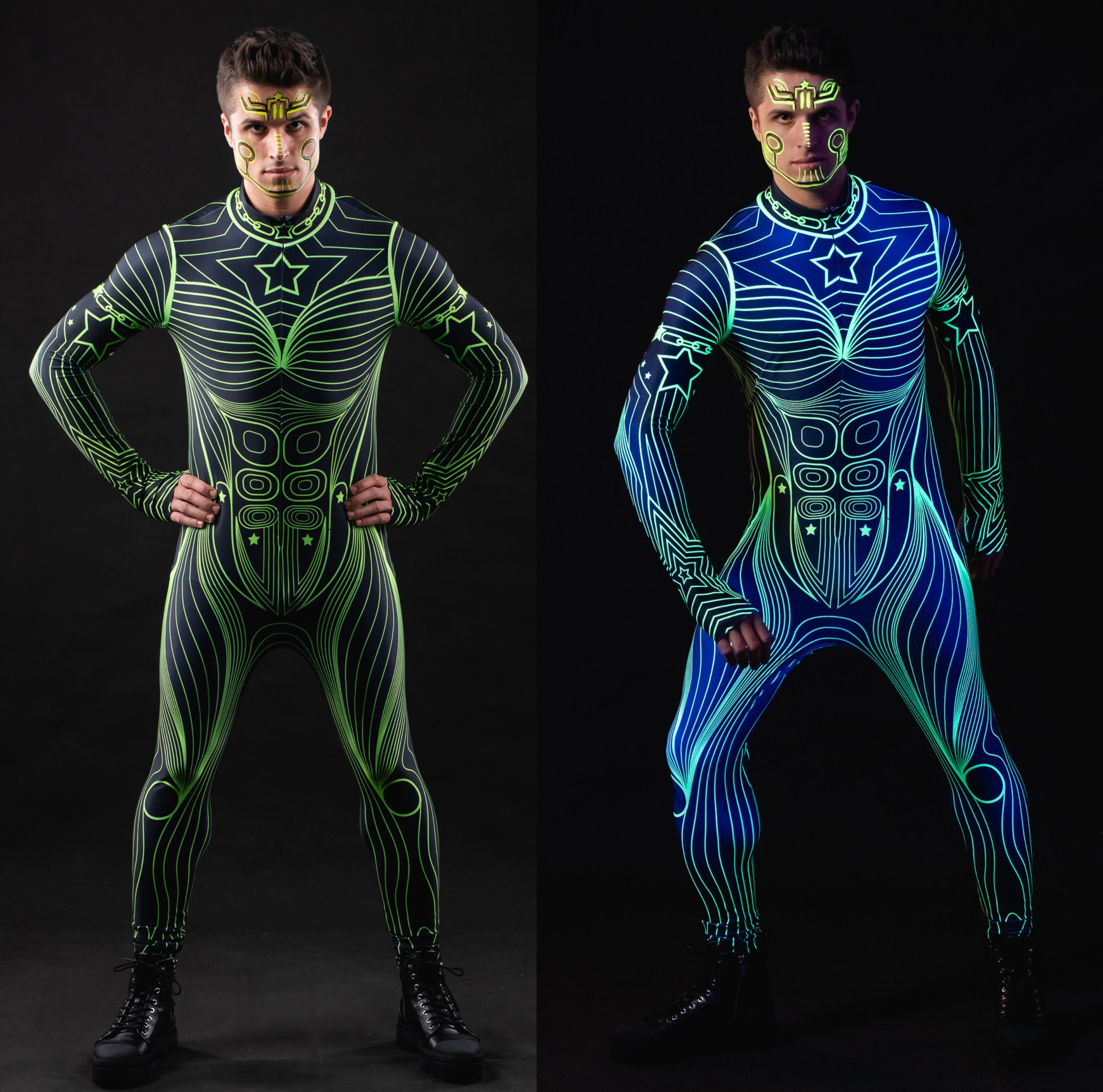 Man wearing the Neon Outline UV Reactive costume, a vibrant suit with UV glow accents, perfect for festivals or Halloween parties.