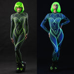 Woman wearing the Neon Outline UV Reactive costume, a vibrant suit with UV glow accents, perfect for festivals or Halloween parties.