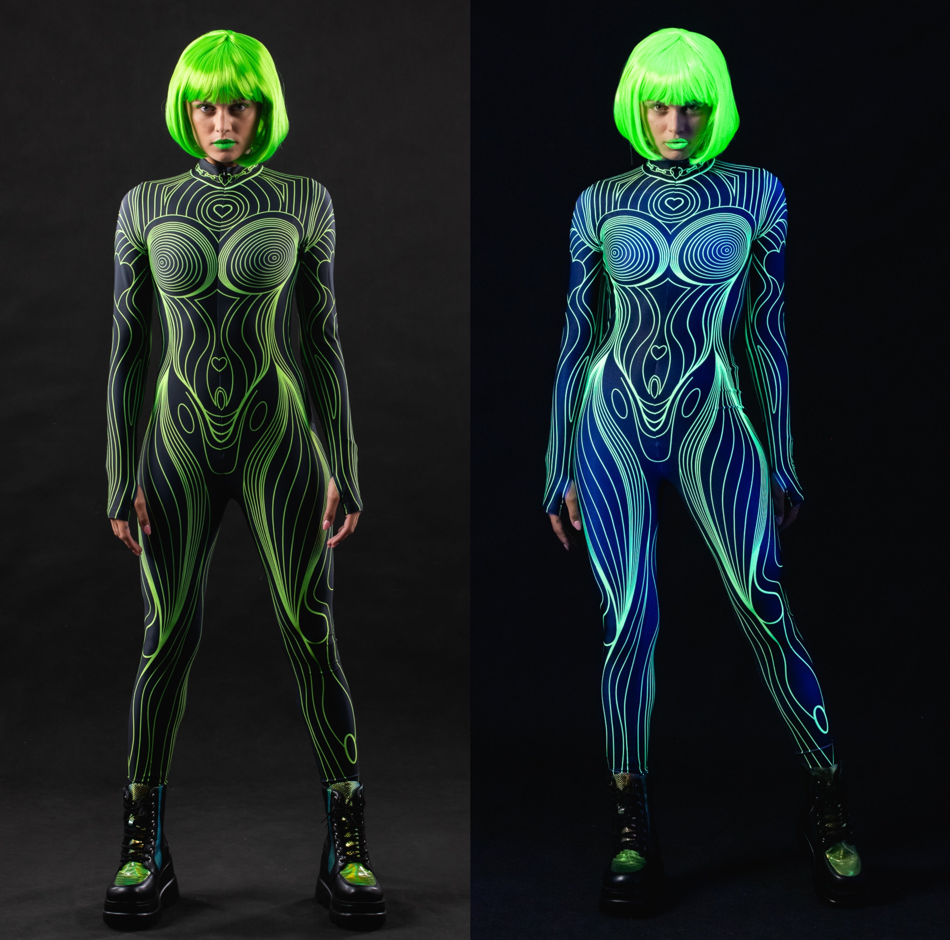 Woman posing in the Neon Outline UV Reactive costume, highlighting the glowing neon outline design under UV light, ideal for raves, festivals, or Halloween.