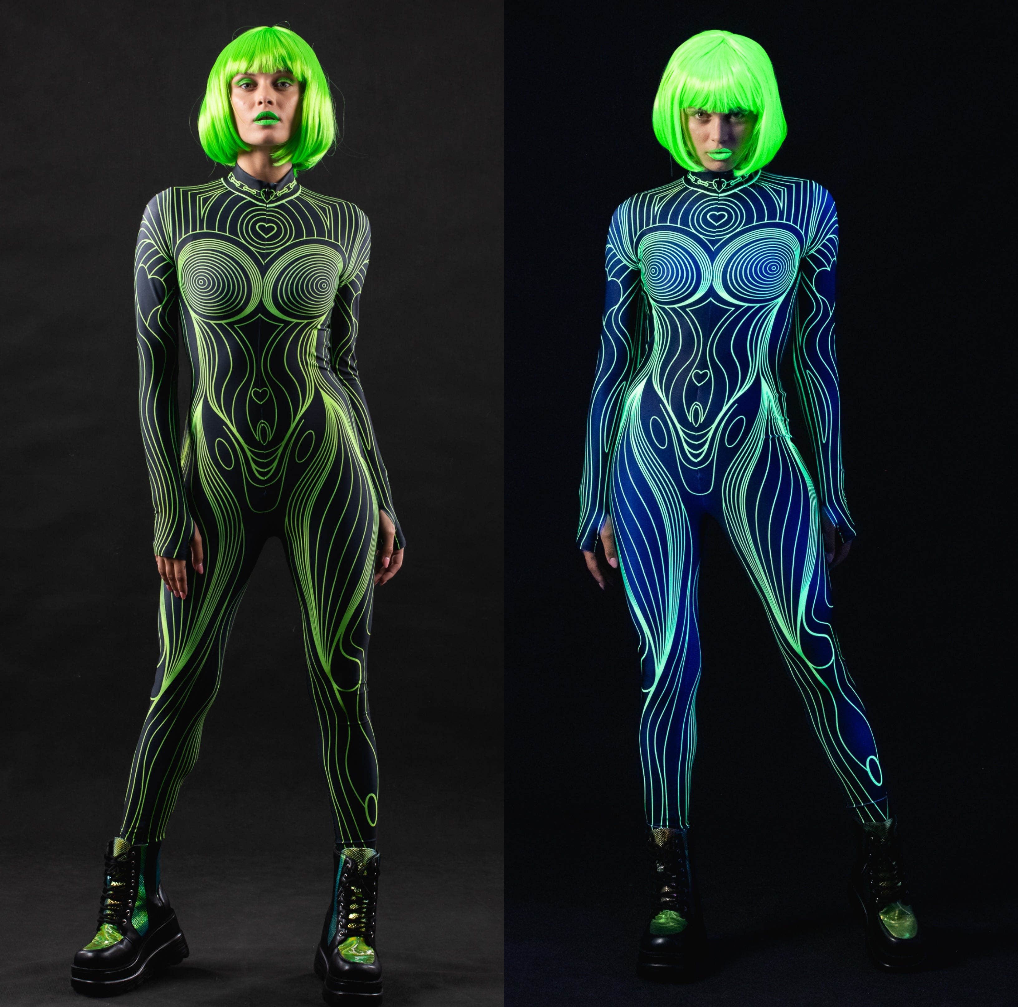 Neon Outline UV Reactive costume for women, featuring a full-body design with glowing neon accents, ideal for Halloween, rave, or festival events.