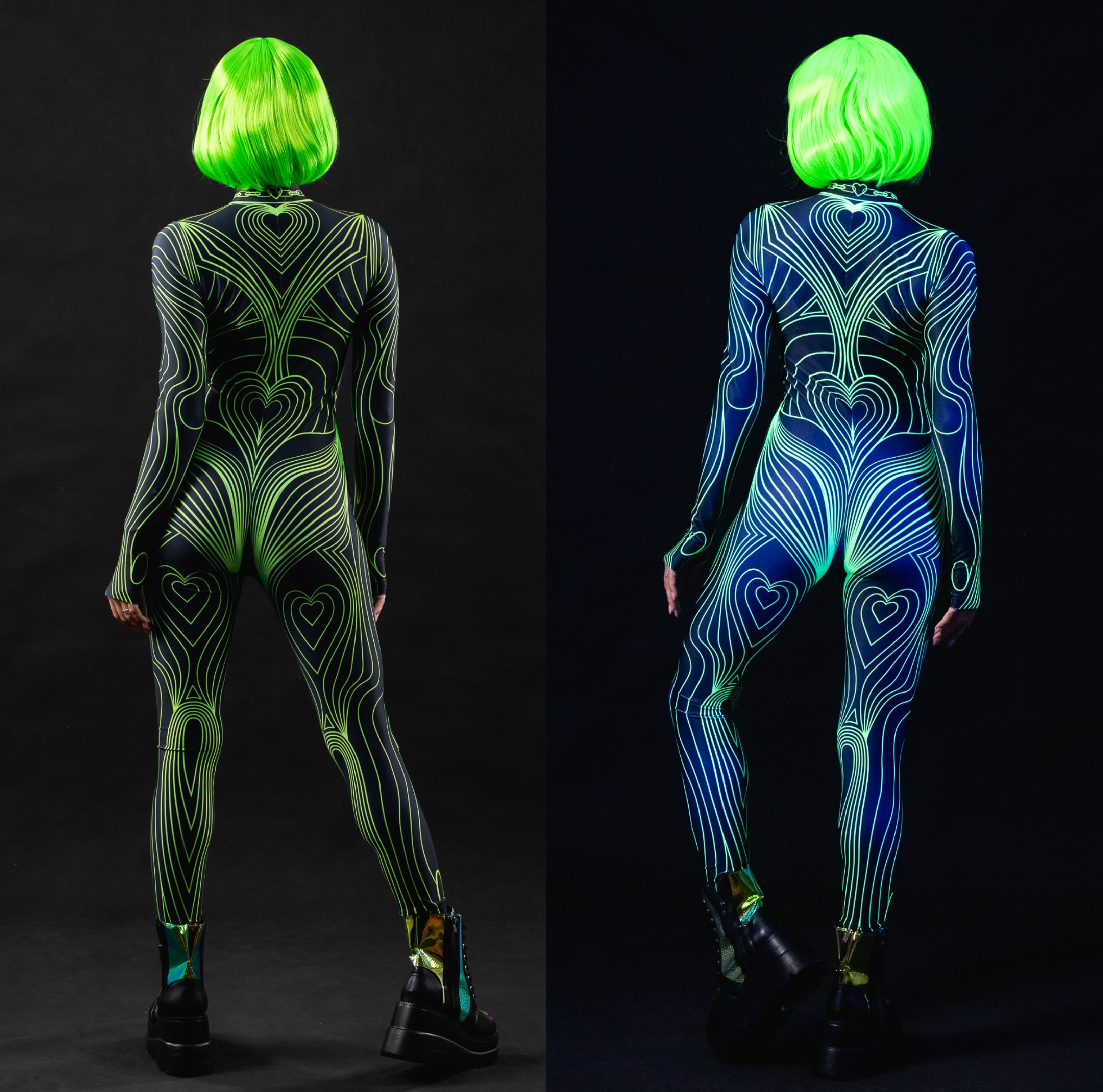 Close-up of the neon outline design on the UV reactive costume, showcasing bright colors that glow under UV light, perfect for a standout look.