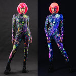 Woman wearing the Yakuza UV Reactive costume, a full-body suit with Japanese-inspired tattoo details and UV-reactive neon accents, ideal for Halloween or cosplay.