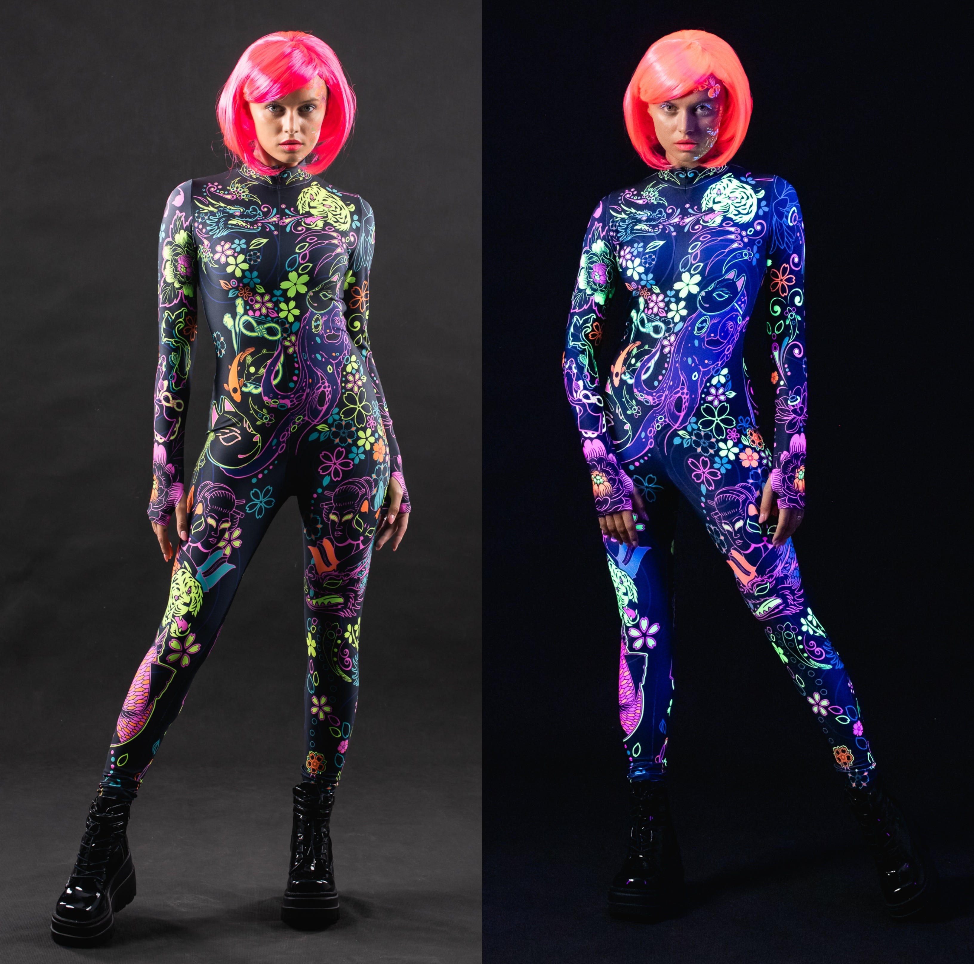 Woman wearing the Yakuza UV Reactive costume, a full-body suit with Japanese-inspired tattoo details and UV-reactive neon accents, ideal for Halloween or cosplay.