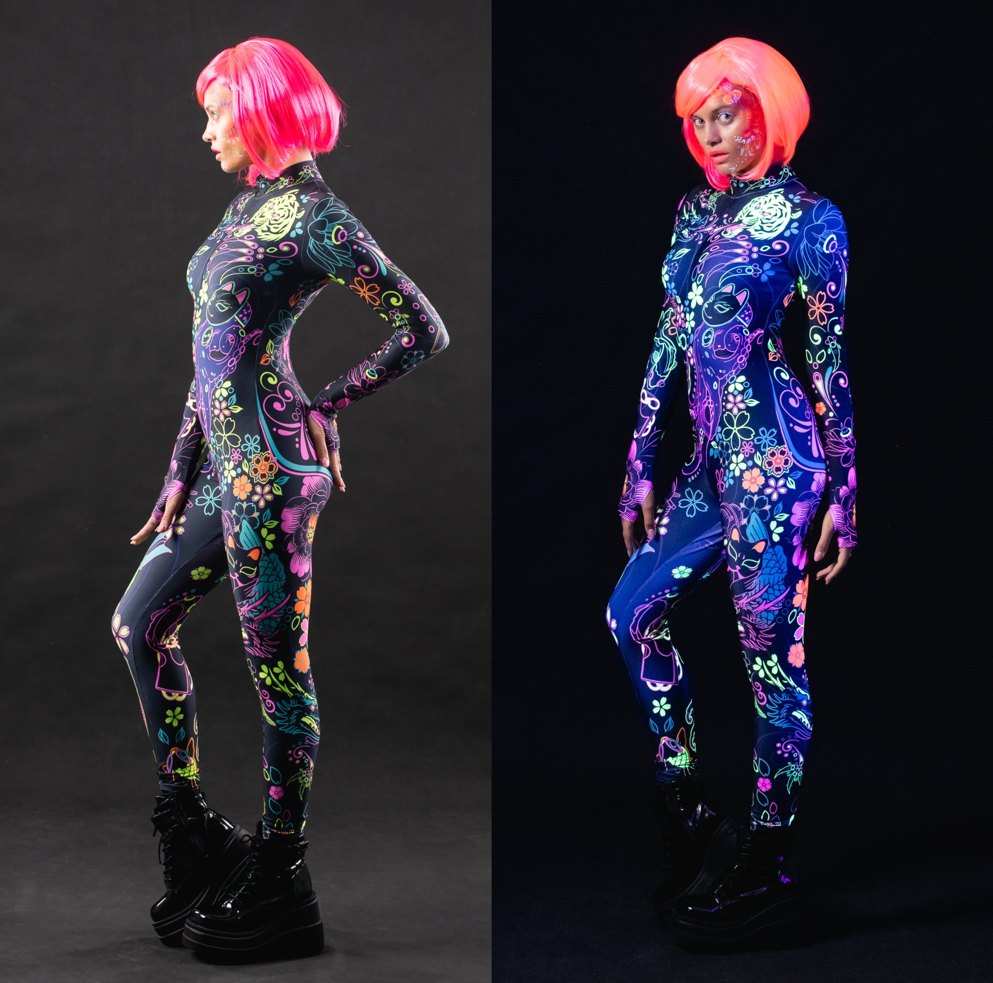 Woman posing in the Yakuza UV Reactive costume, highlighting the glowing Japanese tattoo-inspired design under UV light, great for festivals, Halloween, or as a unique rave outfit.