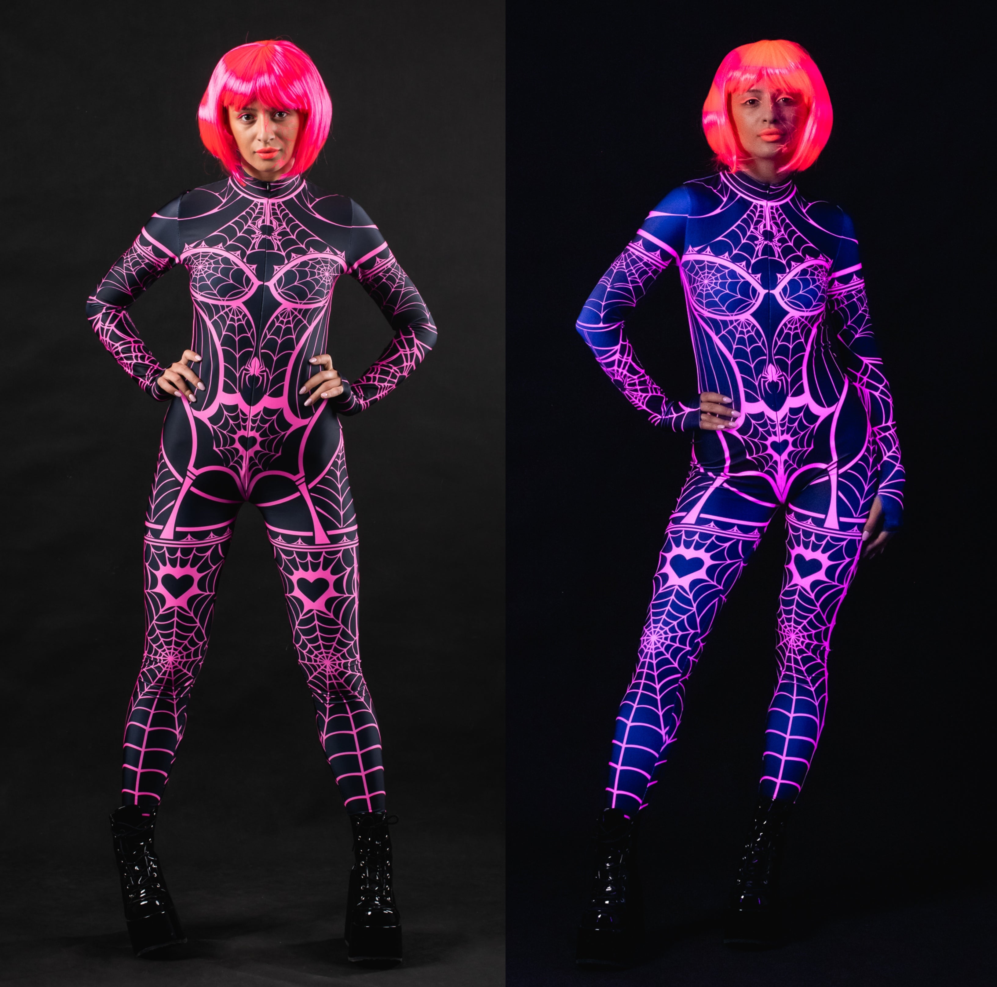 Woman wearing the Pink Neon Spiderweb UV Reactive costume, a full-body suit with glowing spiderweb accents, perfect for Halloween or festival events.