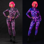 Woman posing in the Pink Neon Spiderweb UV Reactive costume, highlighting the bright pink spiderweb design that lights up under UV light, great for Halloween parties or rave festivals.