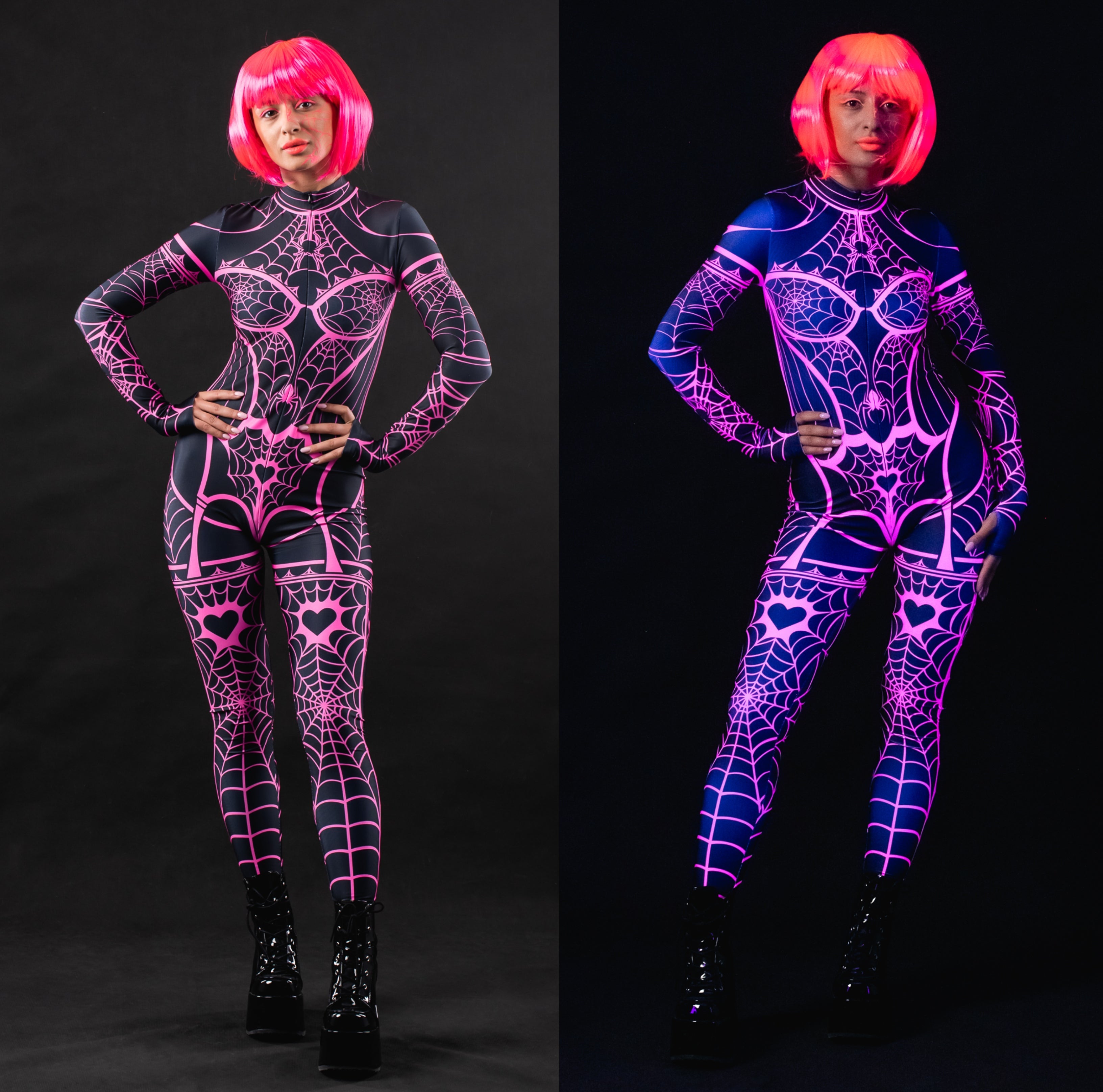 Woman posing in the Pink Neon Spiderweb UV Reactive costume, highlighting the bright pink spiderweb design that lights up under UV light, great for Halloween parties or rave festivals.