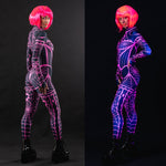 Woman posing in the Pink Neon Spiderweb UV Reactive costume, highlighting the bright pink spiderweb design that lights up under UV light, great for Halloween parties or rave festivals.