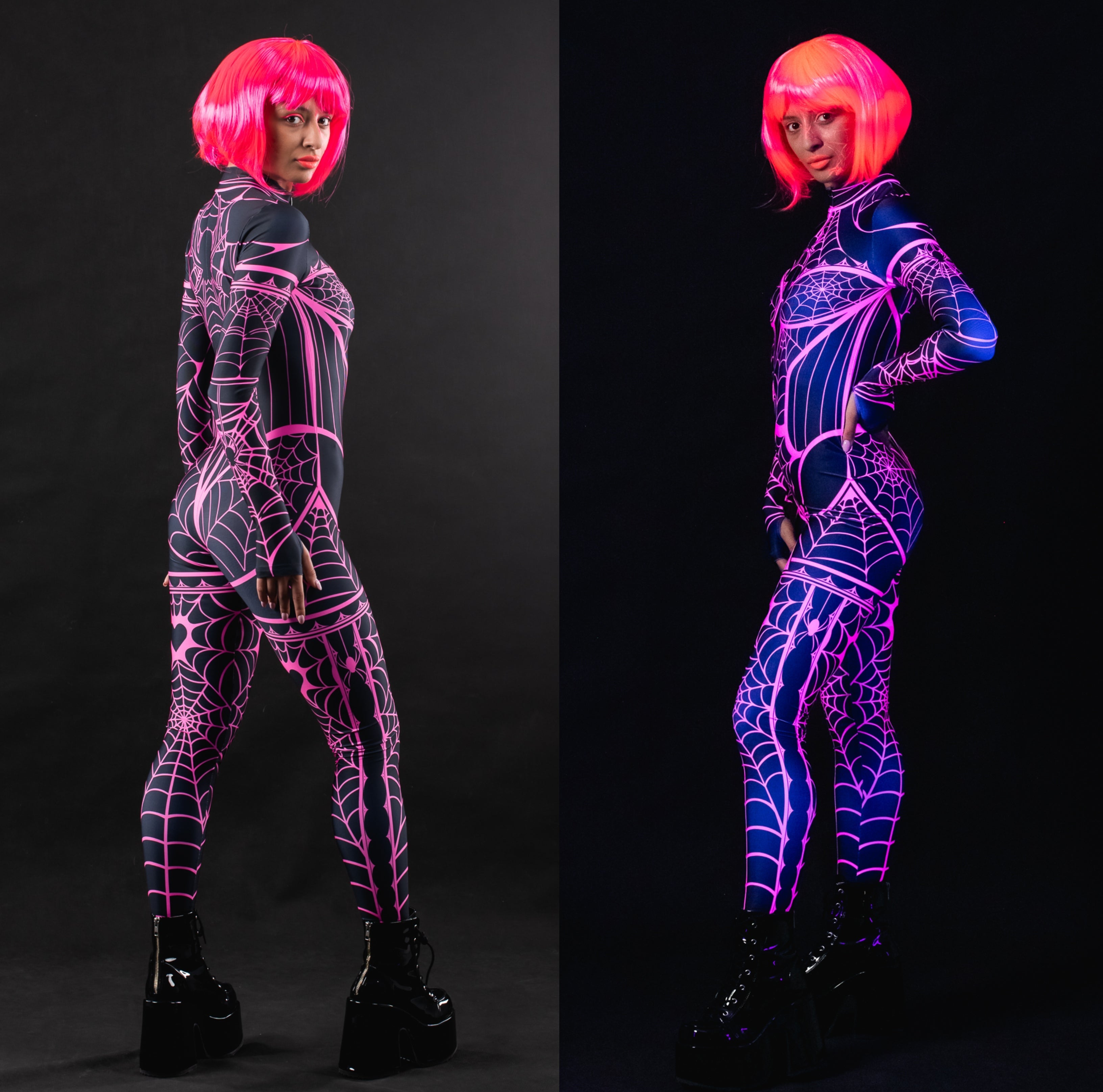 Woman posing in the Pink Neon Spiderweb UV Reactive costume, highlighting the bright pink spiderweb design that lights up under UV light, great for Halloween parties or rave festivals.