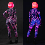 Close-up of the UV-reactive neon pink spiderweb design on the costume, ideal for a bold, glowing look under UV lighting.