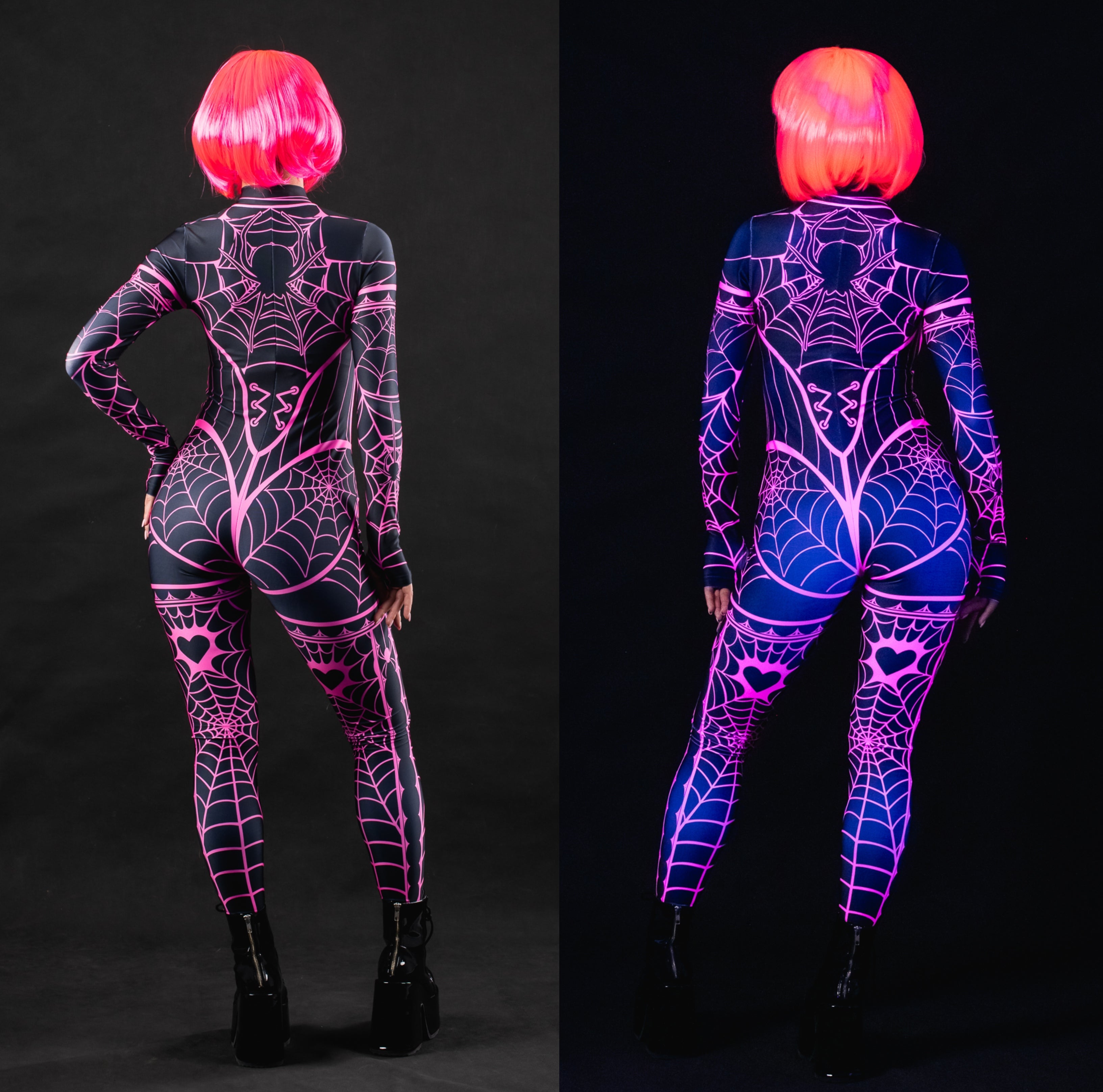 Close-up of the UV-reactive neon pink spiderweb design on the costume, ideal for a bold, glowing look under UV lighting.