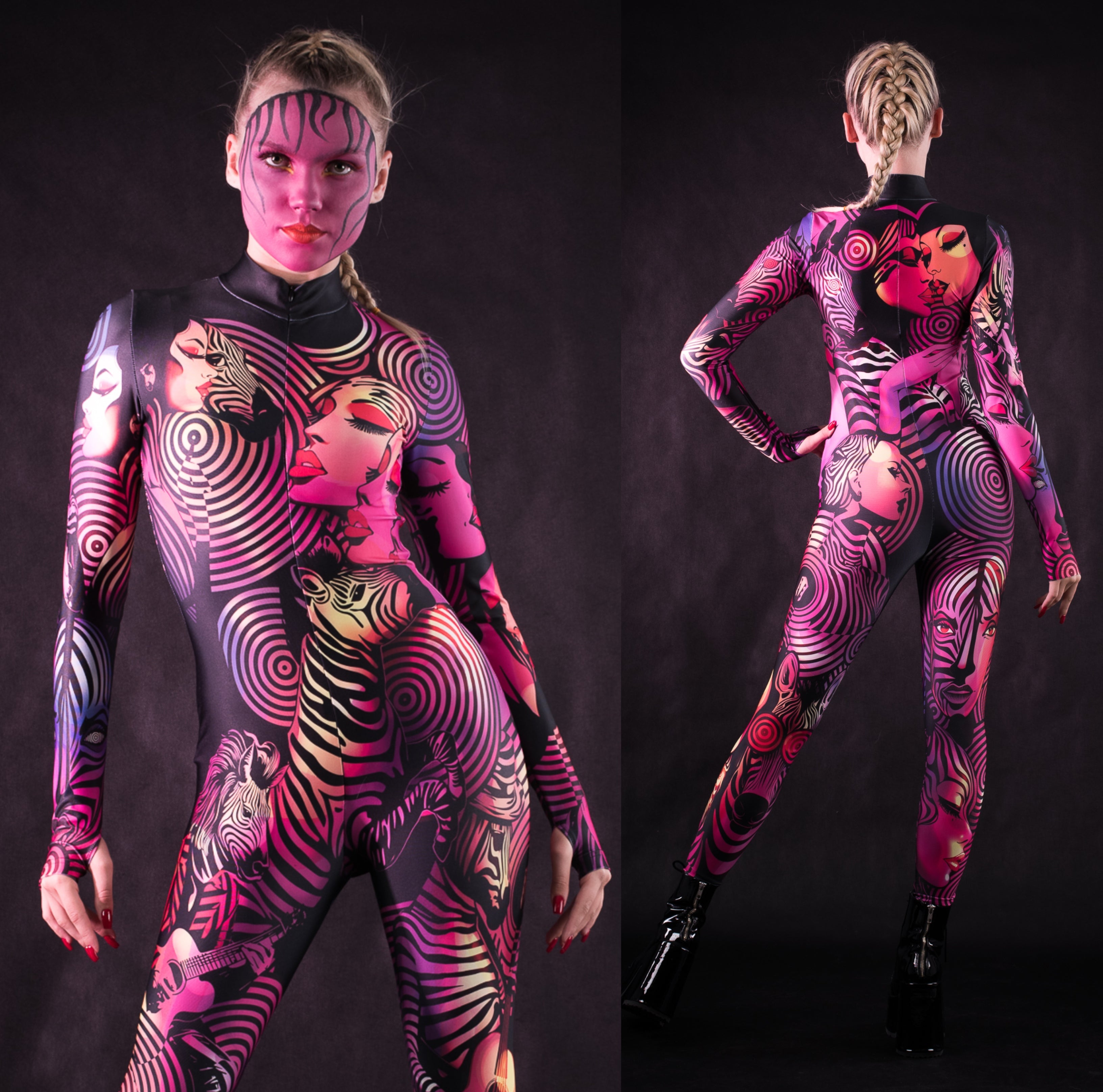 Woman posing in the Pink Zebra Femme Halloween costume, highlighting the bright pink zebra design, perfect for Halloween parties, festivals, or as a statement look.