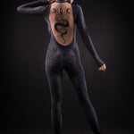 Close-up of the intricate tattoo effect on the back of the Black Mamba catsuit, highlighting the unique design for a standout Halloween look.