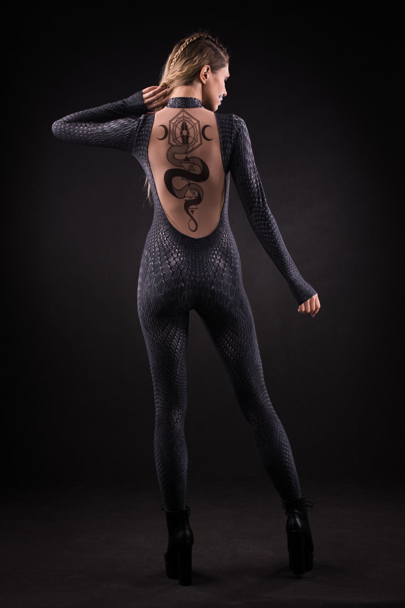 Close-up of the intricate tattoo effect on the back of the Black Mamba catsuit, highlighting the unique design for a standout Halloween look.