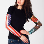 Damski t-shirt z tatuażem American Patriot - motyw flagi i patriotycznych symboli amerykańskich , widok z przodu