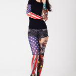 Damski t-shirt z tatuażem American Patriot - motyw flagi i patriotycznych symboli amerykańskich , widok z przodu, cała sylwetka