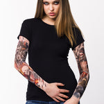 Damski t-shirt z tatuażem – mroczny motyw szkieletów, czaszek i ognia w stylu western, widok z przodu