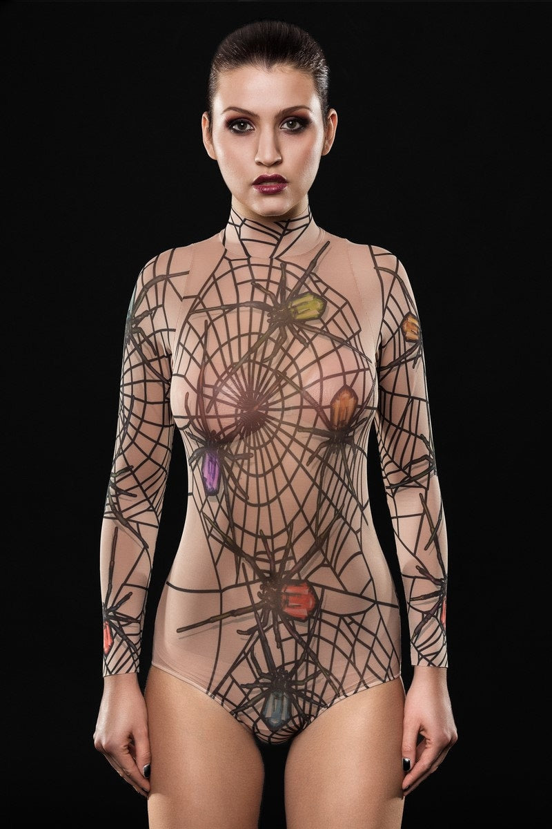 Spiderweb Halloween bodysuit costume featuring a mesh full-body design with fake tattoo spiderweb details, perfect for Halloween parties or cosplay.