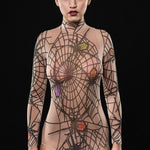 Spiderweb Halloween bodysuit costume featuring a mesh full-body design with fake tattoo spiderweb details, perfect for Halloween parties or cosplay.