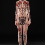 Tattoo Skeleton Bodysuit and Leggings Set Halloween costume, featuring a mesh bodysuit with skeleton and fake tattoo design, perfect for Halloween or Day of the Dead events.