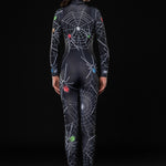 Close-up of the intricate spiderweb design on the black catsuit, ideal for a spooky Halloween or gothic festival look.