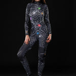 Spider Queen Halloween costume for women, featuring a black full-body catsuit with spiderweb design, perfect for Halloween parties or gothic-themed events.