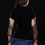 Close-up of the tattoo-style zombie designs on the mesh sleeves of the women's Halloween T-shirt, ideal for a spooky Halloween or casual costume look.