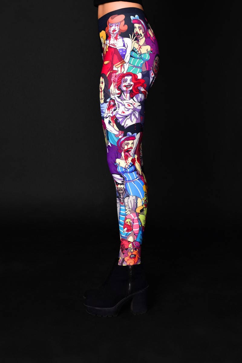 Close-up of the detailed zombie design on the Halloween leggings, ideal for a spooky Halloween look or as unique printed leggings.